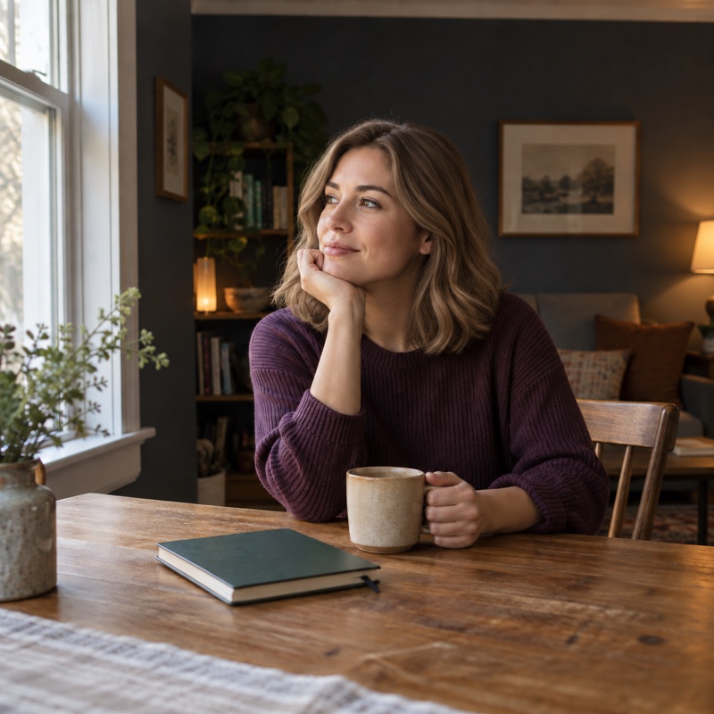 Symbolbild: dunkelblonde erwachsene Frau mit Notizbuch und Tasse