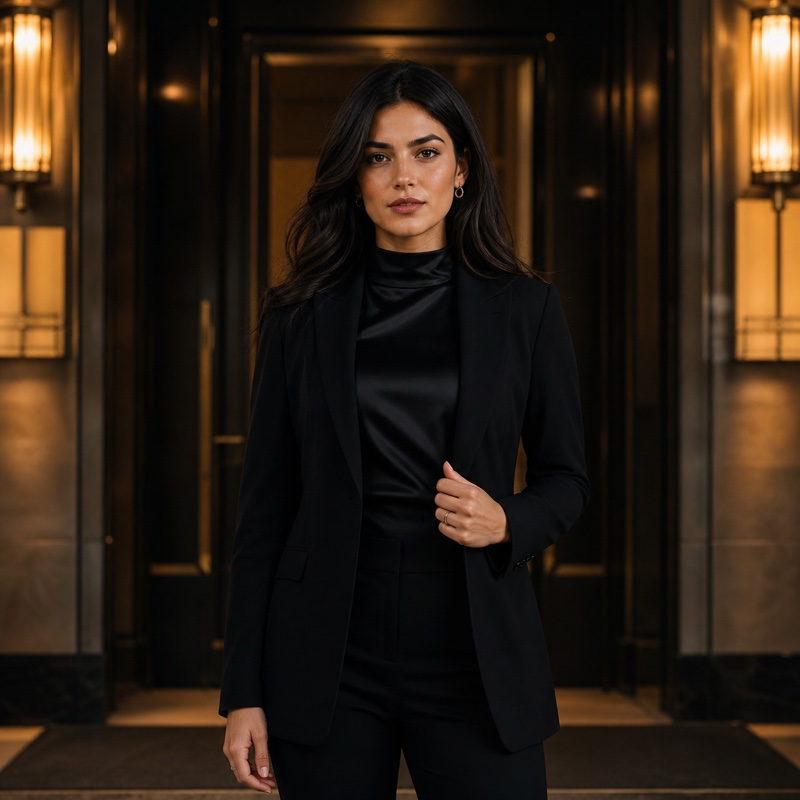 Symbolbild: Fiktive erwachsene Frau im schwarzen Blazer in einer Hotellounge